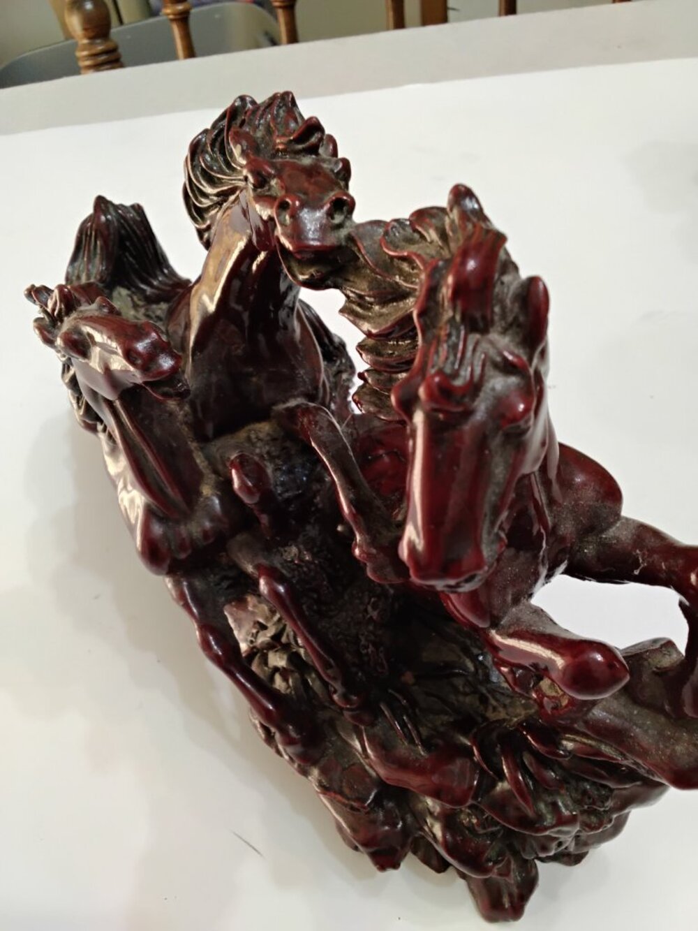 Vintage Chinese Feng Shui 3 Galloping Horses Red Resin Statue - Symbol of Succes
